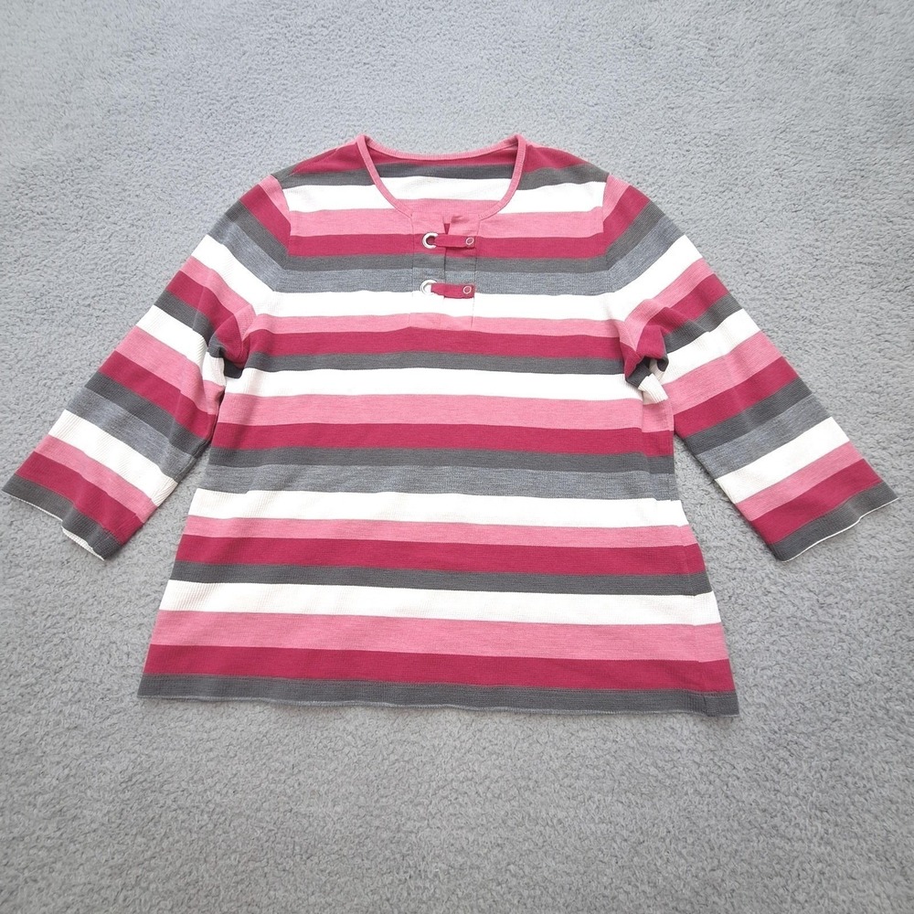 Croft & Barrow Waffle Knit Top Womens Large Pink Striped Henley 3/4 Sleeve Retro